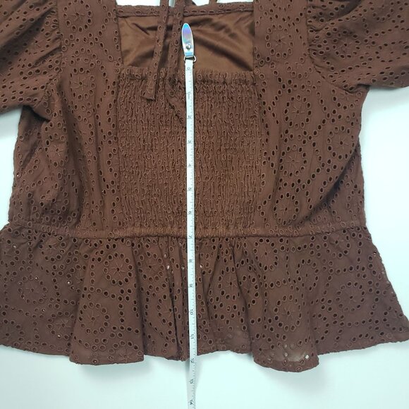 BOG Band Of The Free Eyelet Crop Top Women Medium Walnut Brown Boho Puff Sleeves - Picture 9 of 16